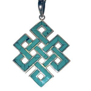 VTG Sterling &Turquoise Inlay Eternal Endless Knot Pendant 2” w 16” 925 Chain